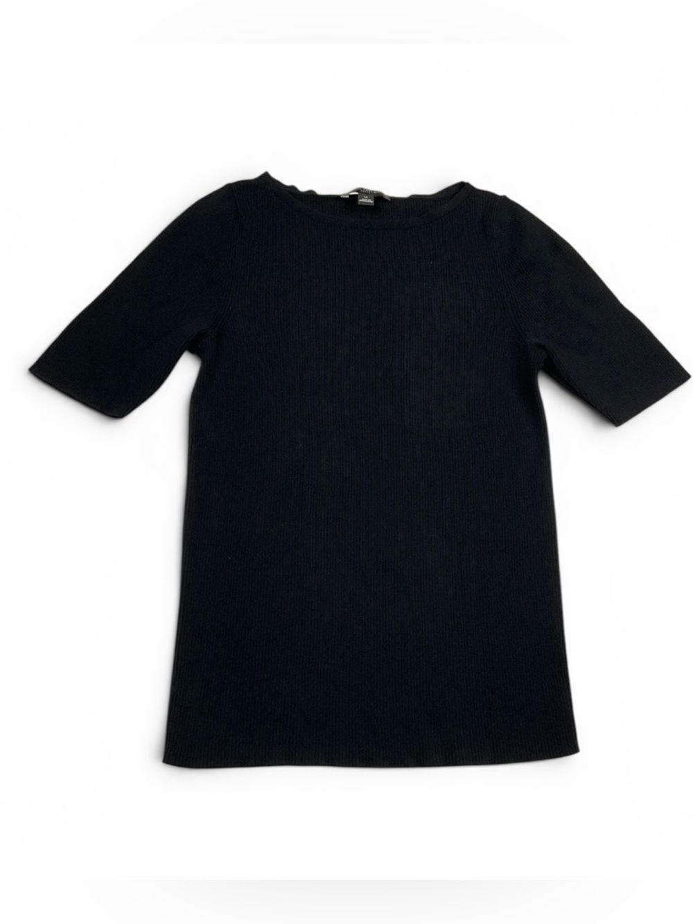 Ann Taylor Black Ribbed Knit Sweater Stretchy Form Fit Half Sleeve Pullover PL